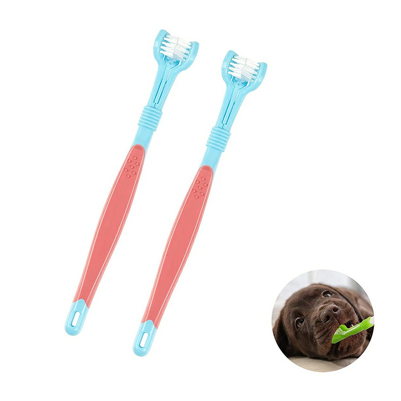 2 Pcs Pet Dog Puppy Non-slip Handle Tooth Brush Three-head Toothbrush - Blue + Red